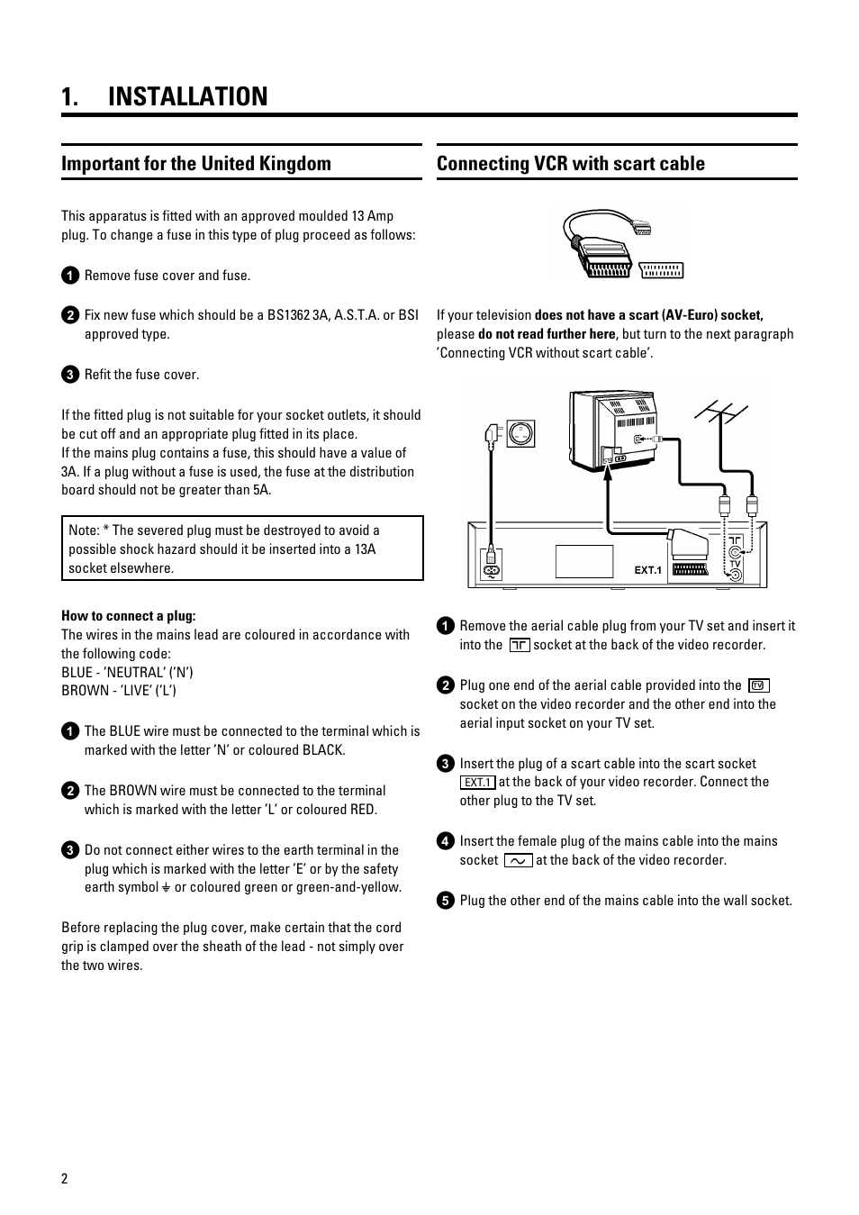 Installation, Important for the united kingdom, Connecting vcr with scart cable | Philips 686 User Manual | Page 4 / 20