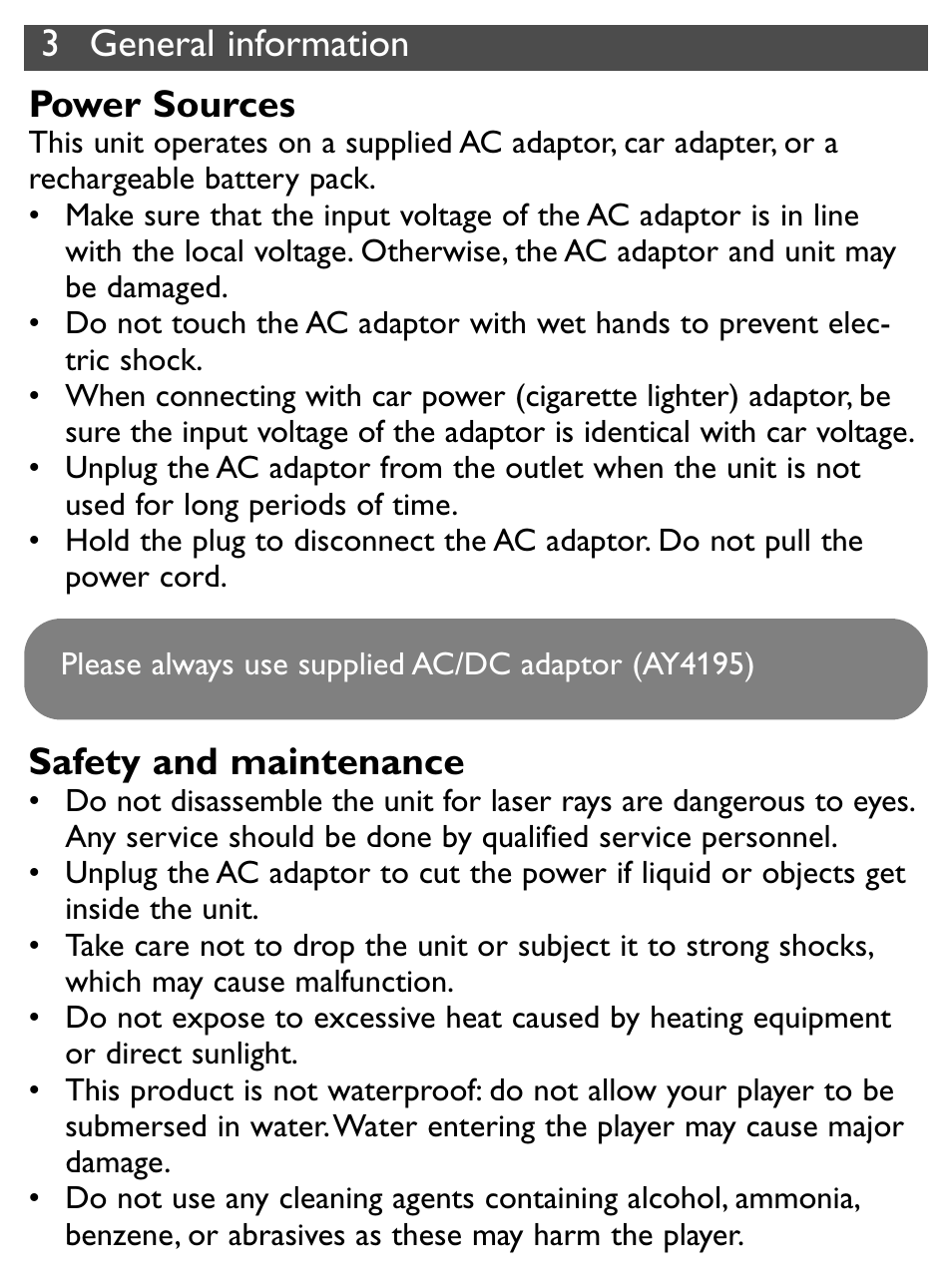 3 general information power sources, Safety and maintenance | Philips PET731/12 User Manual | Page 10 / 29