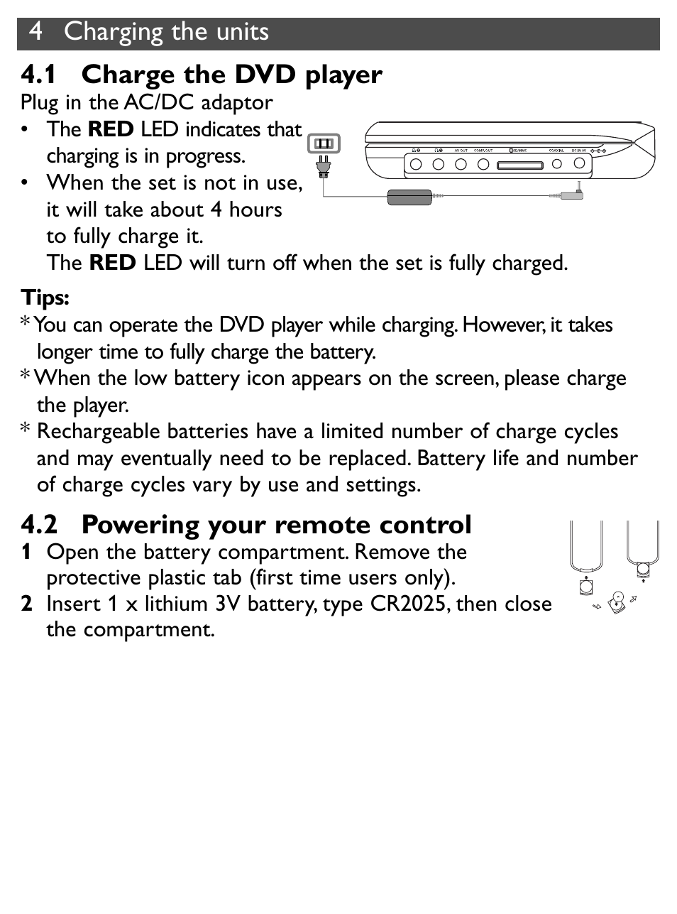 4 charging the units 4.1 charge the dvd player, 2 powering your remote control | Philips PET731/12 User Manual | Page 14 / 29