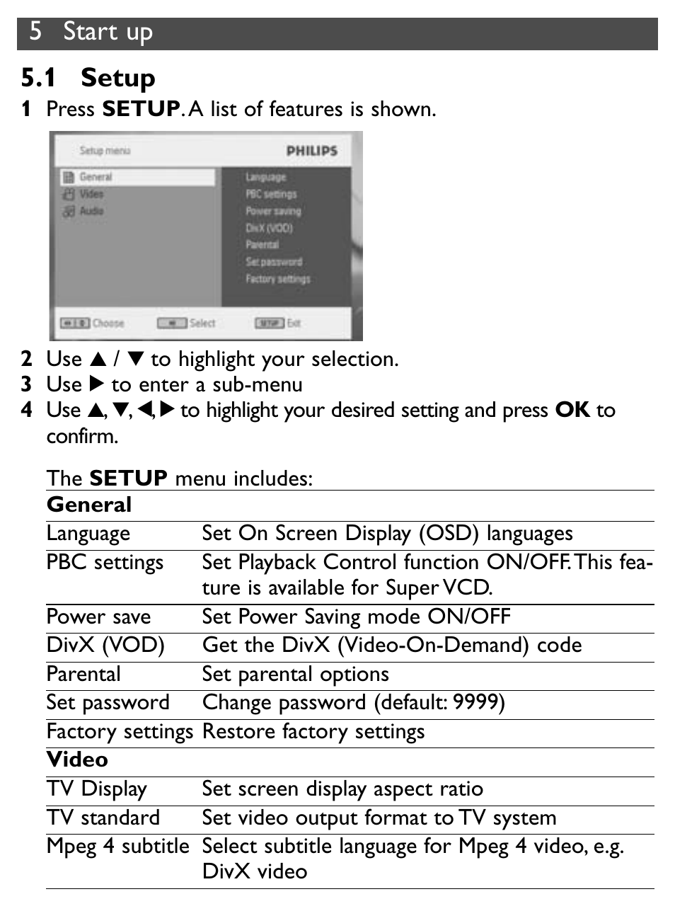 5 start up 5.1 setup | Philips PET731/12 User Manual | Page 16 / 29