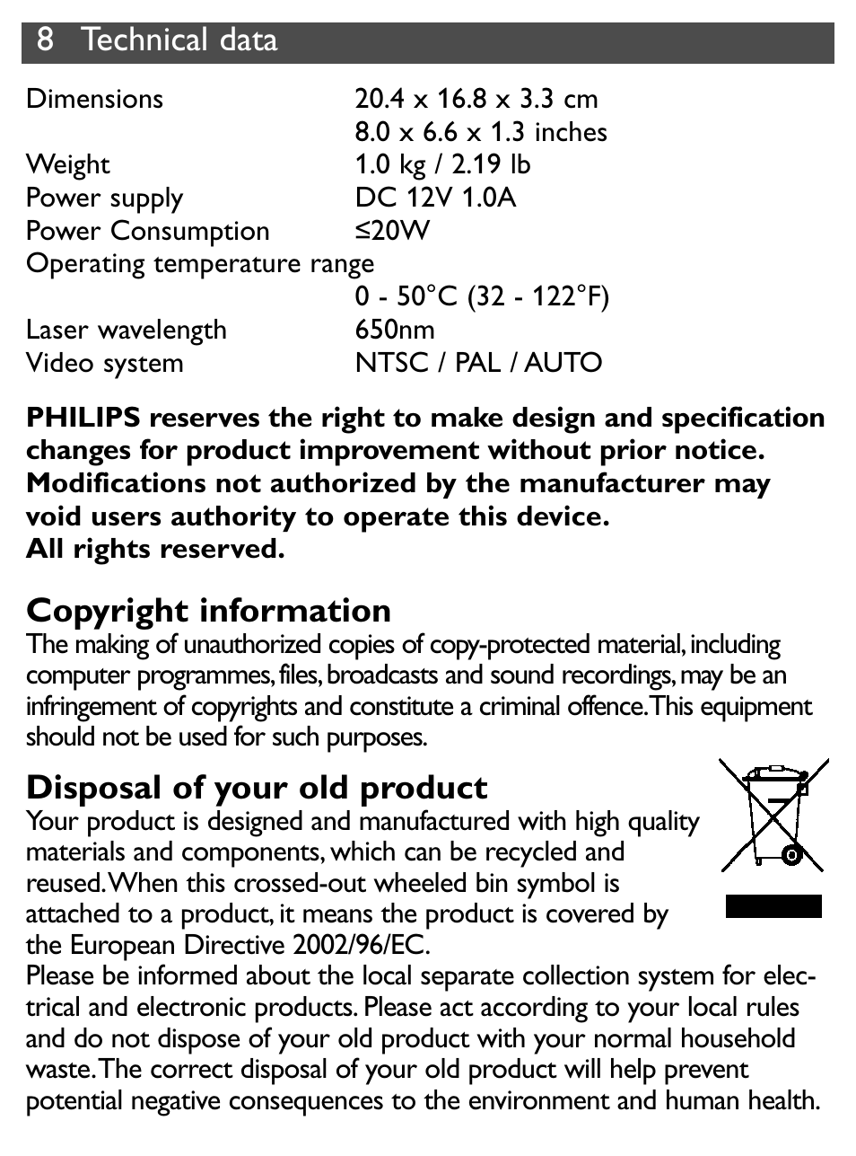 8 technical data, Copyright information, Disposal of your old product | Philips PET731/12 User Manual | Page 29 / 29