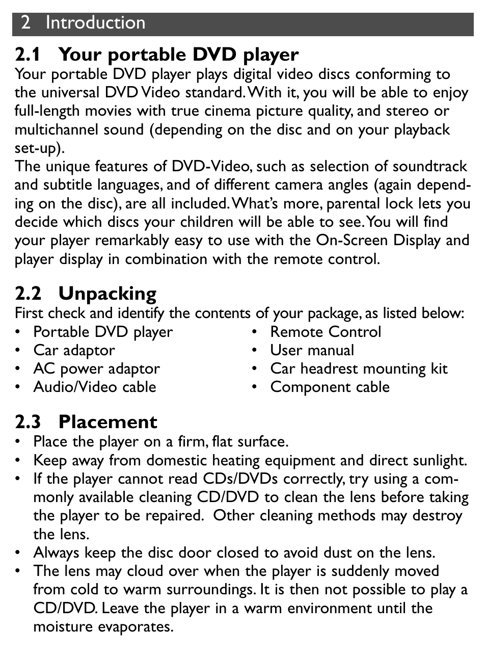 2 introduction 2.1 your portable dvd player, 2 unpacking, 3 placement | Philips PET731/12 User Manual | Page 7 / 29