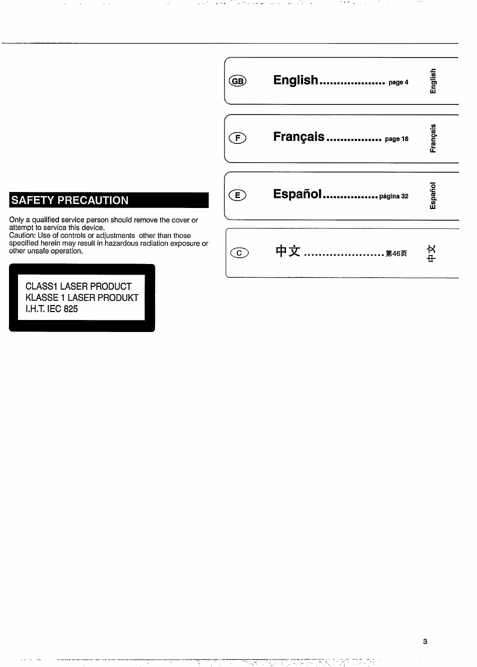 Safety precaution, Cd frangais, Cd español | Philips CDC771V User Manual | Page 3 / 21