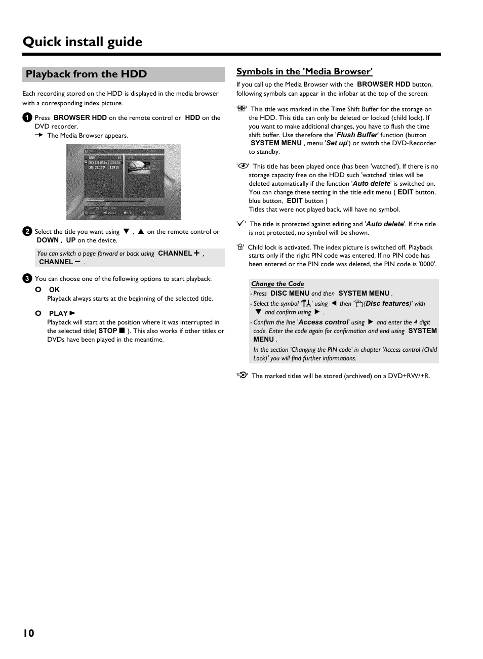 Playback from the hdd, Symbols in the 'media browser, Quick install guide | 10 playback from the hdd | Philips HDRW720/69 User Manual | Page 10 / 16