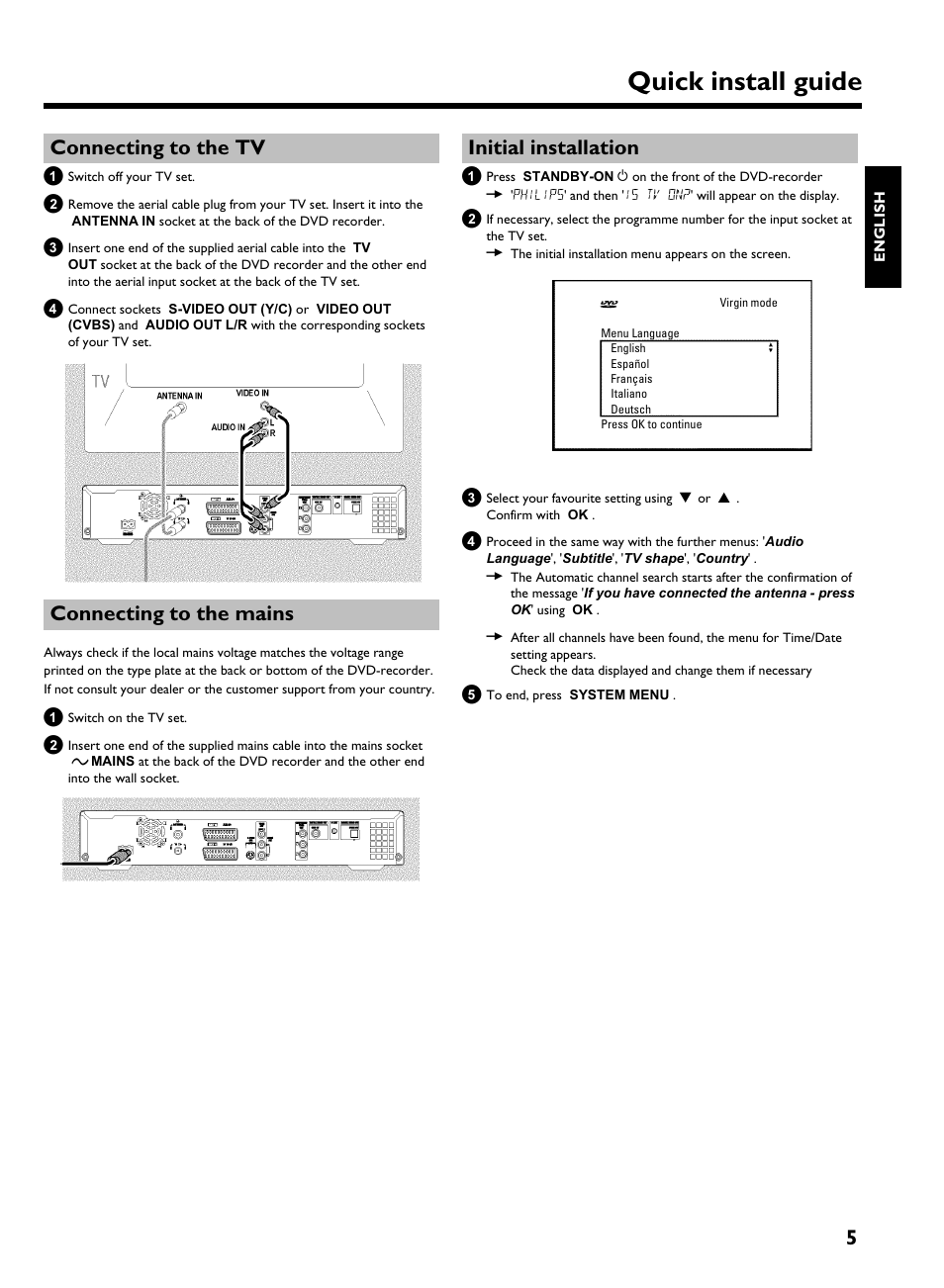 Connecting to the tv, Connecting to the mains, Initial installation | Quick install guide, 5connecting to the tv | Philips HDRW720/69 User Manual | Page 5 / 16
