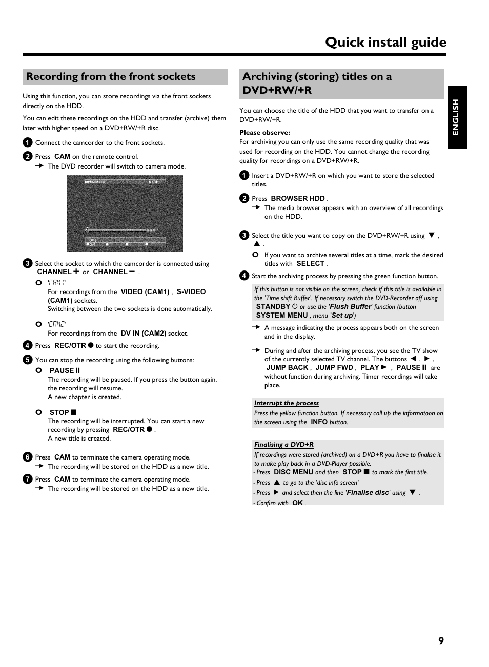 Recording from the front sockets, Archiving (storing) titles on a dvd+rw/+r, Quick install guide | 9recording from the front sockets | Philips HDRW720/69 User Manual | Page 9 / 16