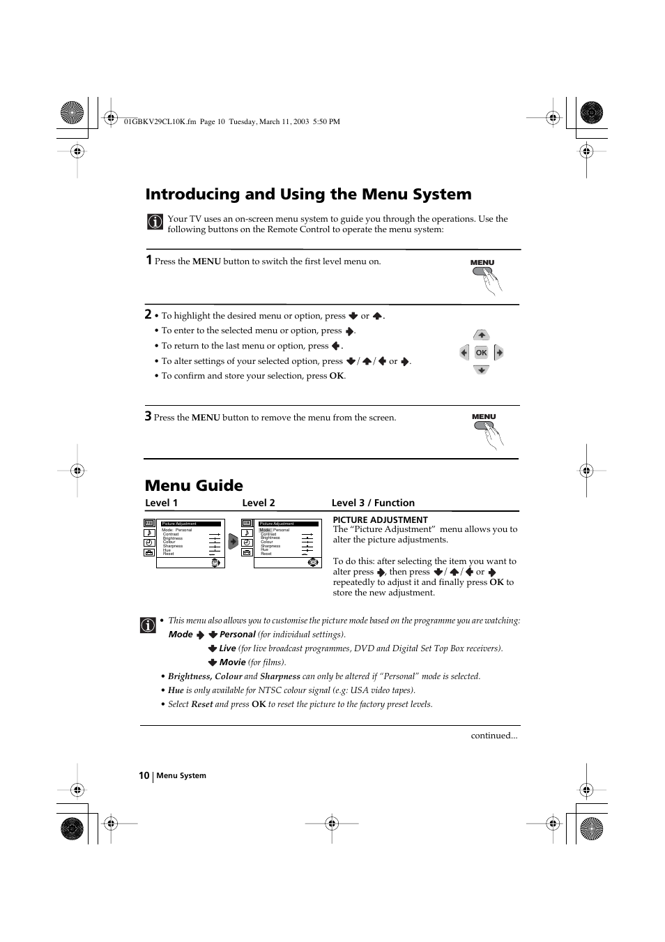 Introducing and using the menu system, Menu guide | Sony KV-29CL10K User Manual | Page 10 / 122