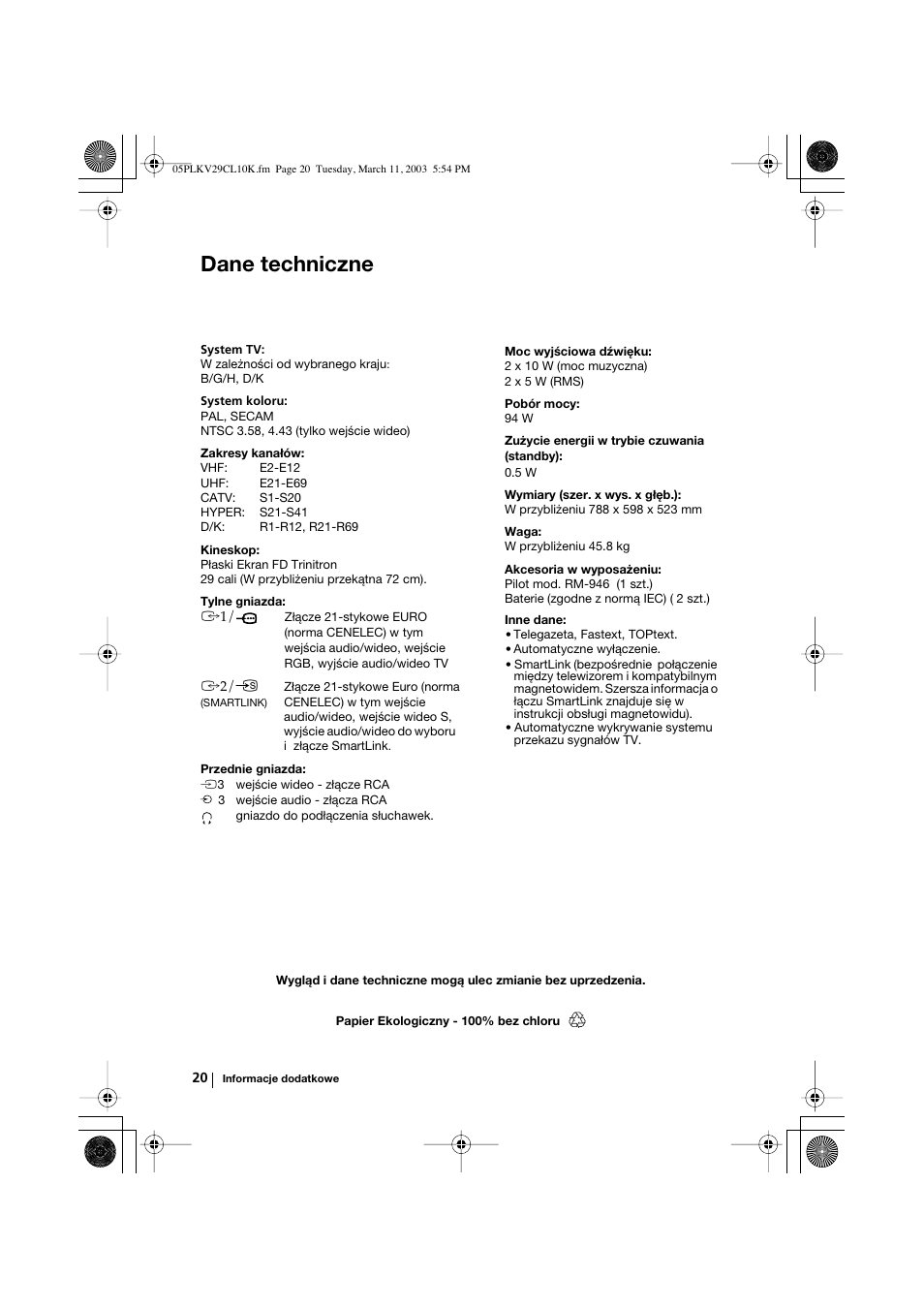 Dane techniczne | Sony KV-29CL10K User Manual | Page 100 / 122