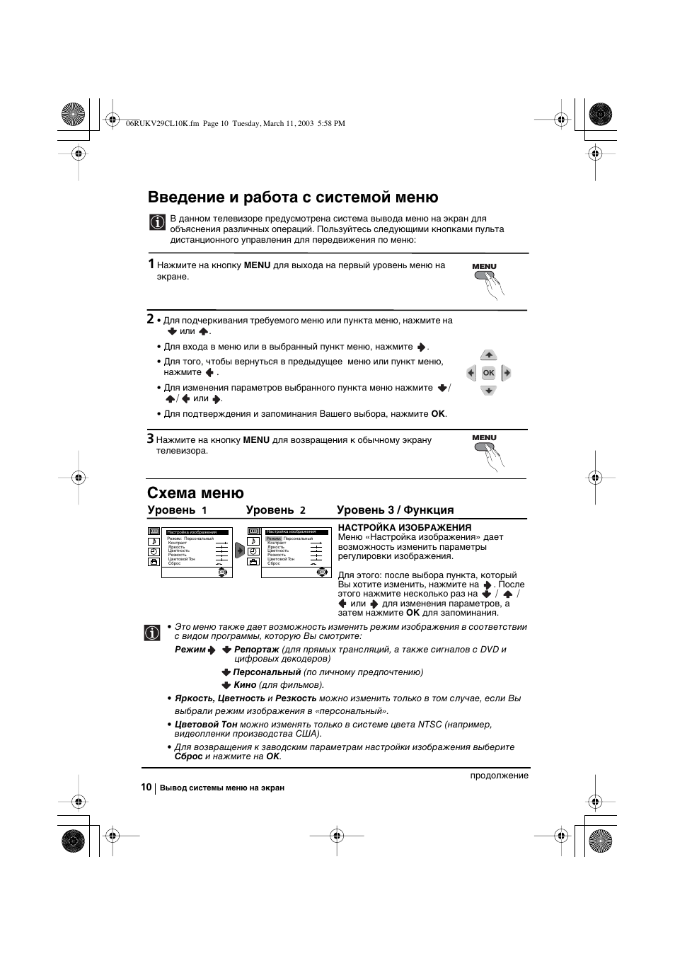 Введение и работа с системой меню, Схема меню, Уровень | Уровень 3 / функция | Sony KV-29CL10K User Manual | Page 110 / 122