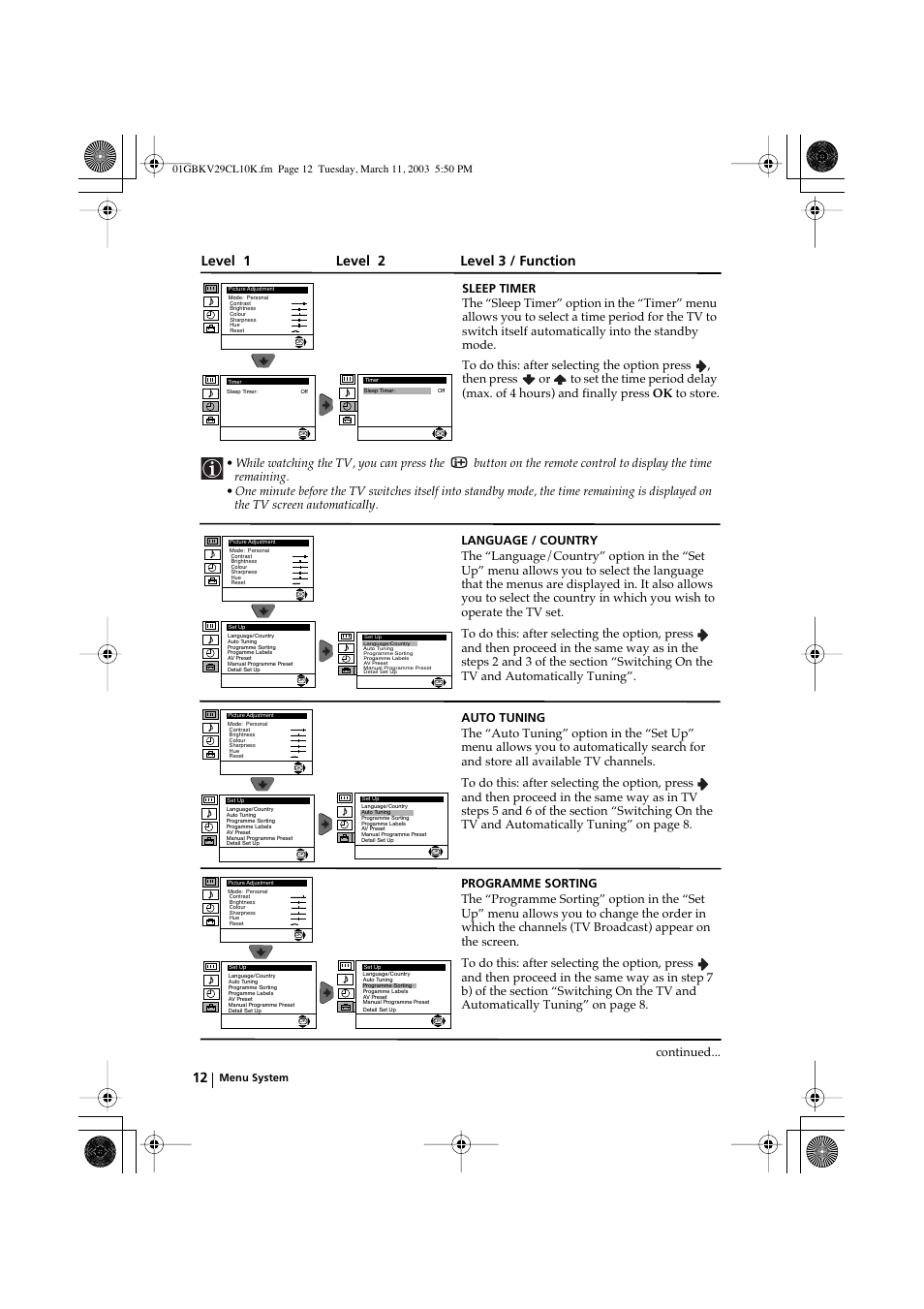 Level 1 level 2 level 3 / function | Sony KV-29CL10K User Manual | Page 12 / 122