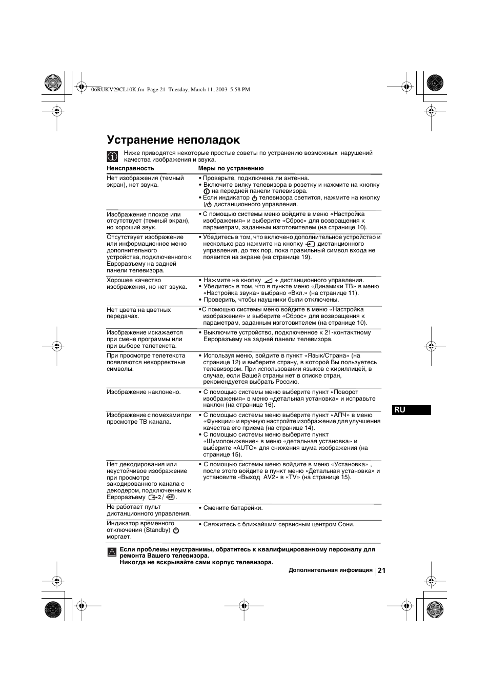 Уcтpaнeниe нeпoлaдoк | Sony KV-29CL10K User Manual | Page 121 / 122