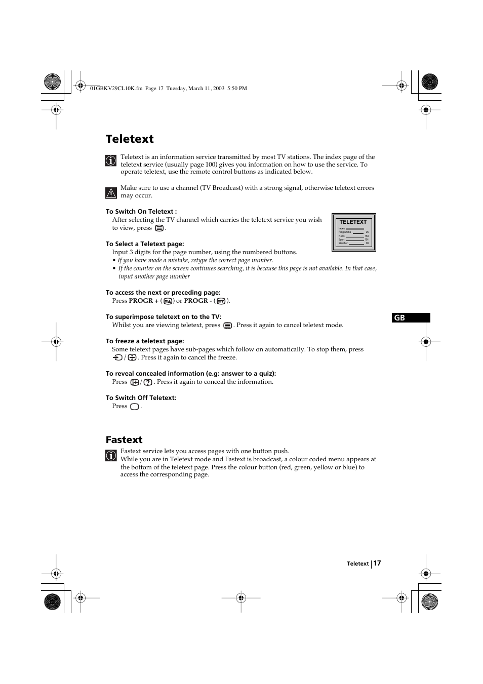 Teletext, Fastext | Sony KV-29CL10K User Manual | Page 17 / 122