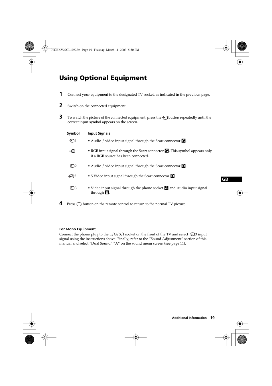 Using optional equipment | Sony KV-29CL10K User Manual | Page 19 / 122