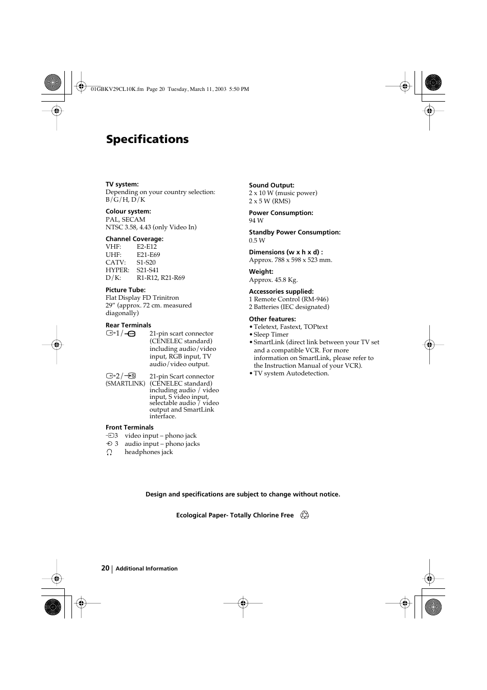 Specifications | Sony KV-29CL10K User Manual | Page 20 / 122