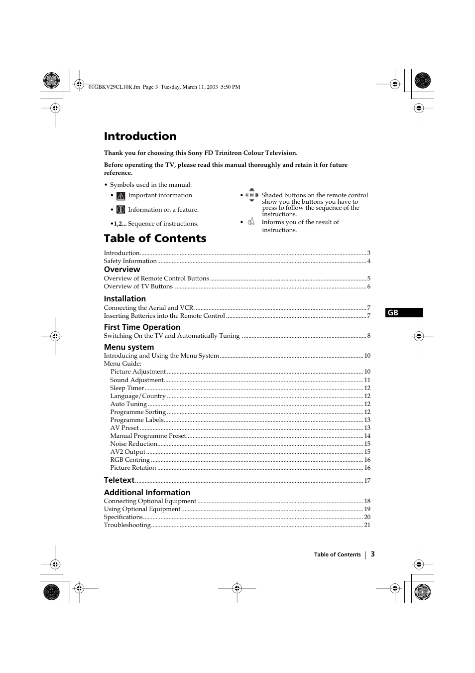 Sony KV-29CL10K User Manual | Page 3 / 122