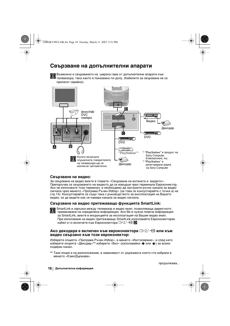 Свързване на допълнителни апарати, Свързване на видео, Свързване на видео притежаващо функцията smartlink | Sony KV-29CL10K User Manual | Page 38 / 122