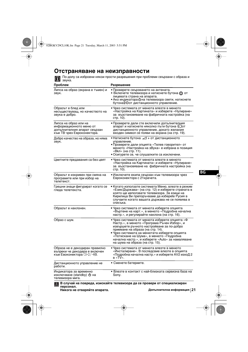 Отстраняване на неизправности | Sony KV-29CL10K User Manual | Page 41 / 122