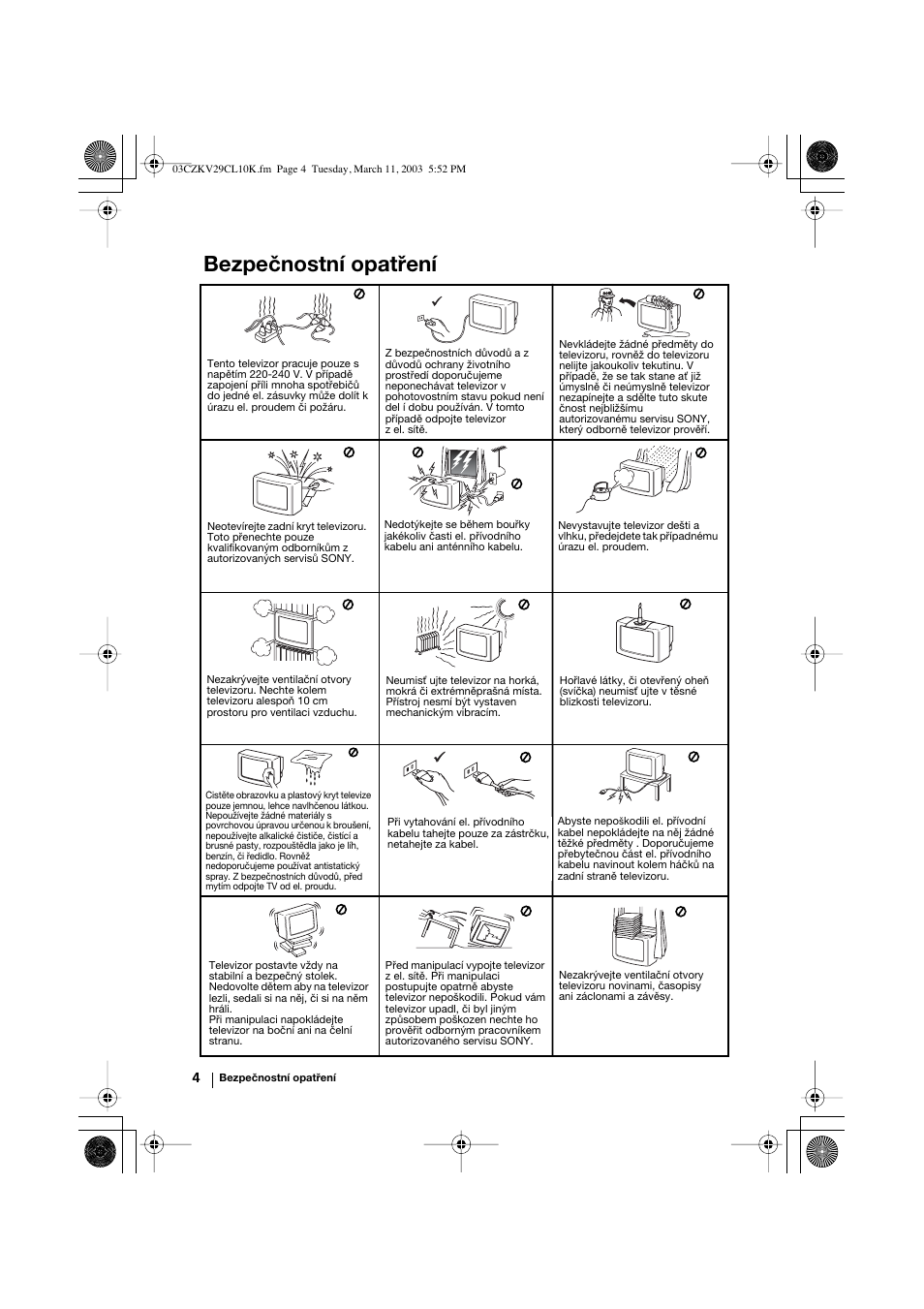 Bezpečnostní opatření | Sony KV-29CL10K User Manual | Page 44 / 122