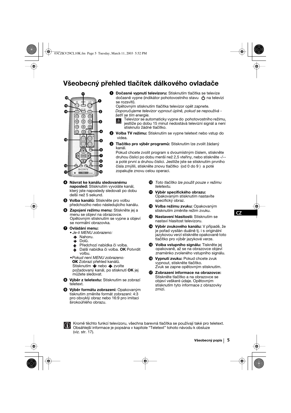 Všeobecný přehled tlačítek dálkového ovladače | Sony KV-29CL10K User Manual | Page 45 / 122