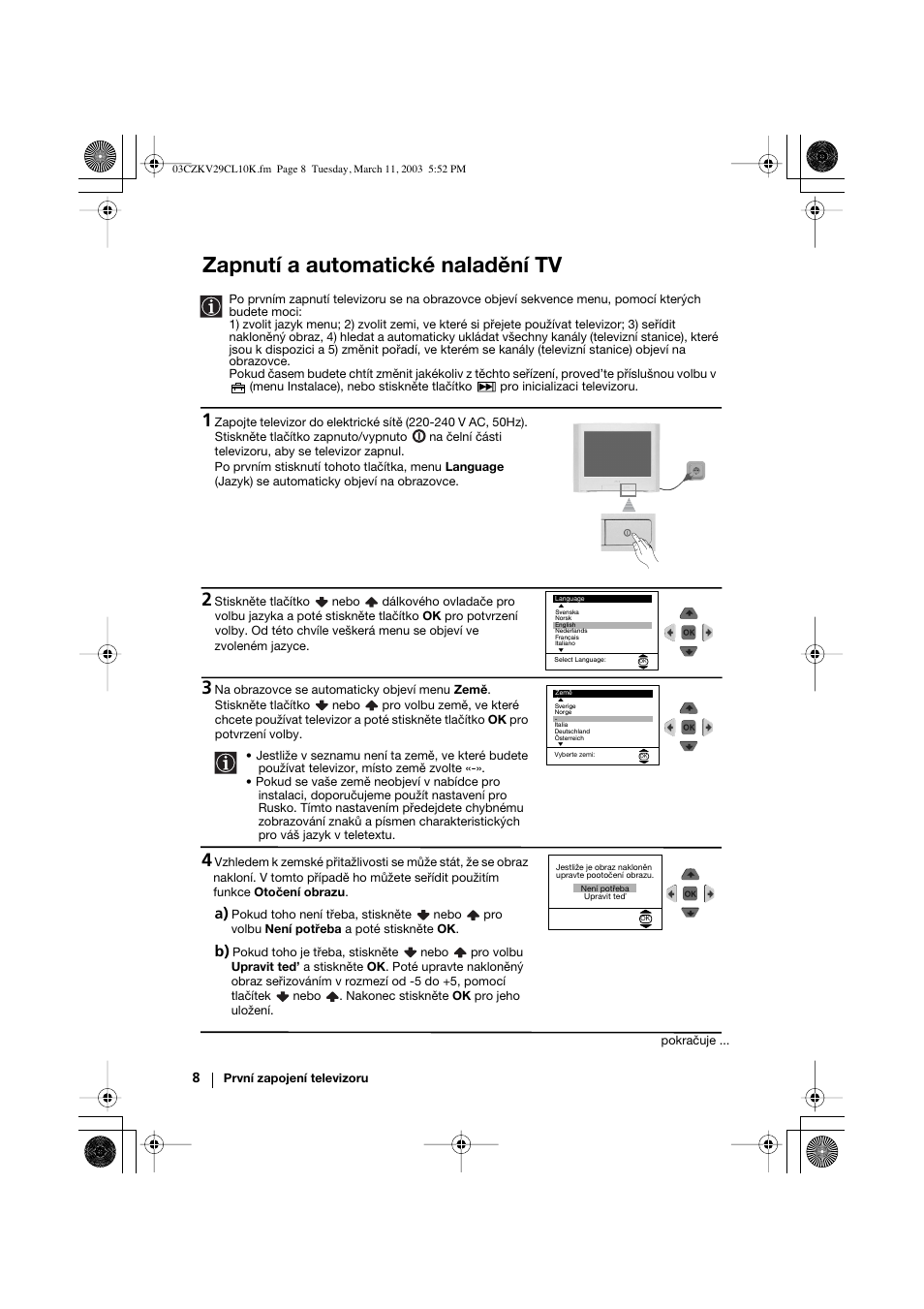 Zapnutí a automatické naladění tv | Sony KV-29CL10K User Manual | Page 48 / 122