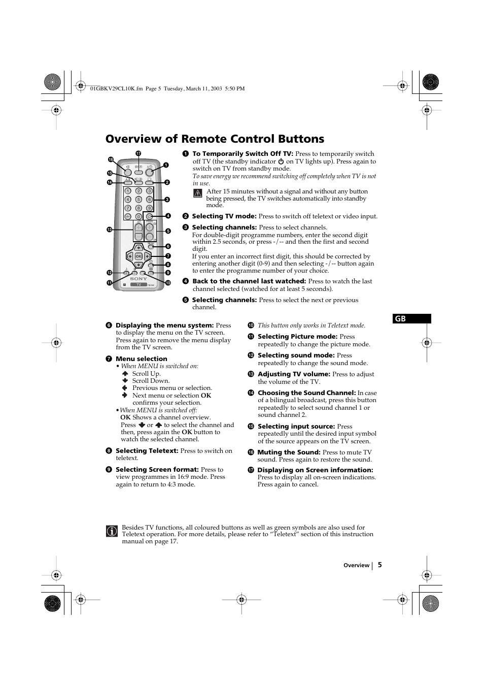 Overview of remote control buttons | Sony KV-29CL10K User Manual | Page 5 / 122