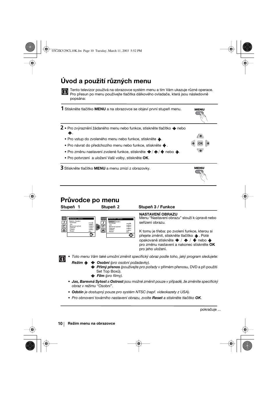 Úvod a použití různých menu, Průvodce po menu | Sony KV-29CL10K User Manual | Page 50 / 122