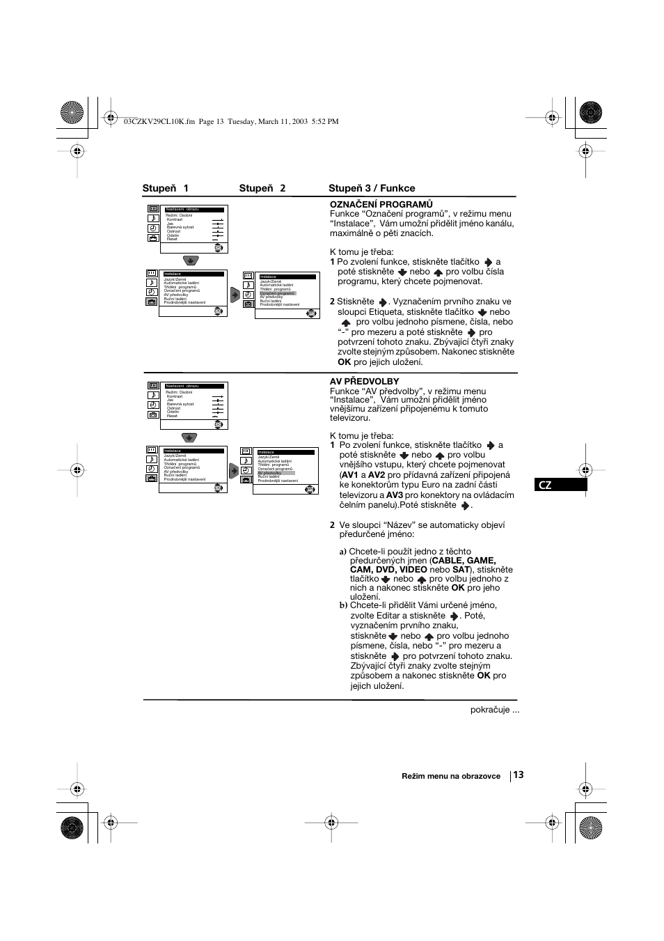 Stupeň 1 stupeň 2 stupeň 3 / funkce | Sony KV-29CL10K User Manual | Page 53 / 122