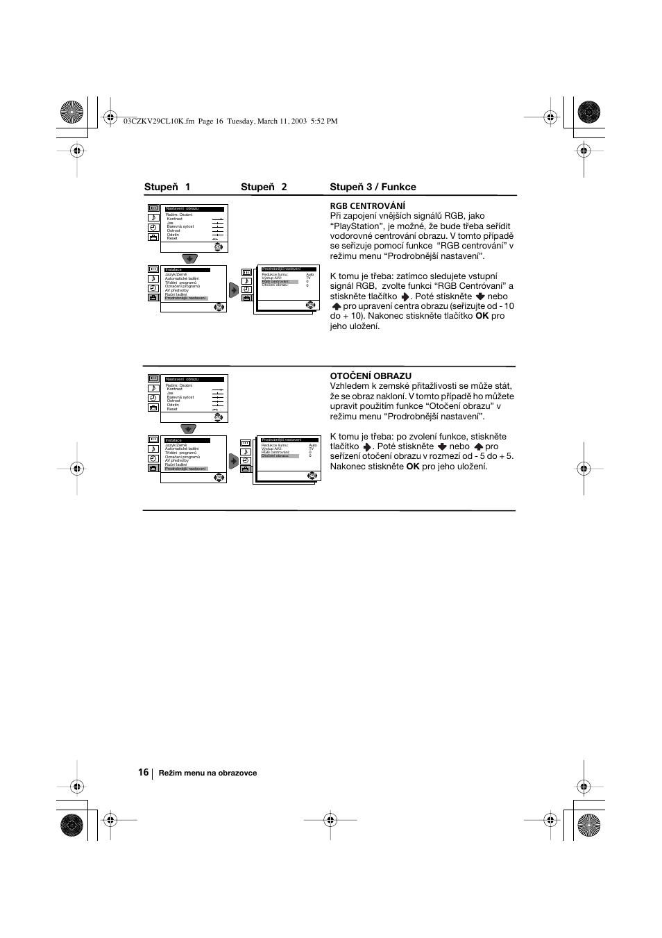 Stupeň 1 stupeň 2 stupeň 3 / funkce | Sony KV-29CL10K User Manual | Page 56 / 122