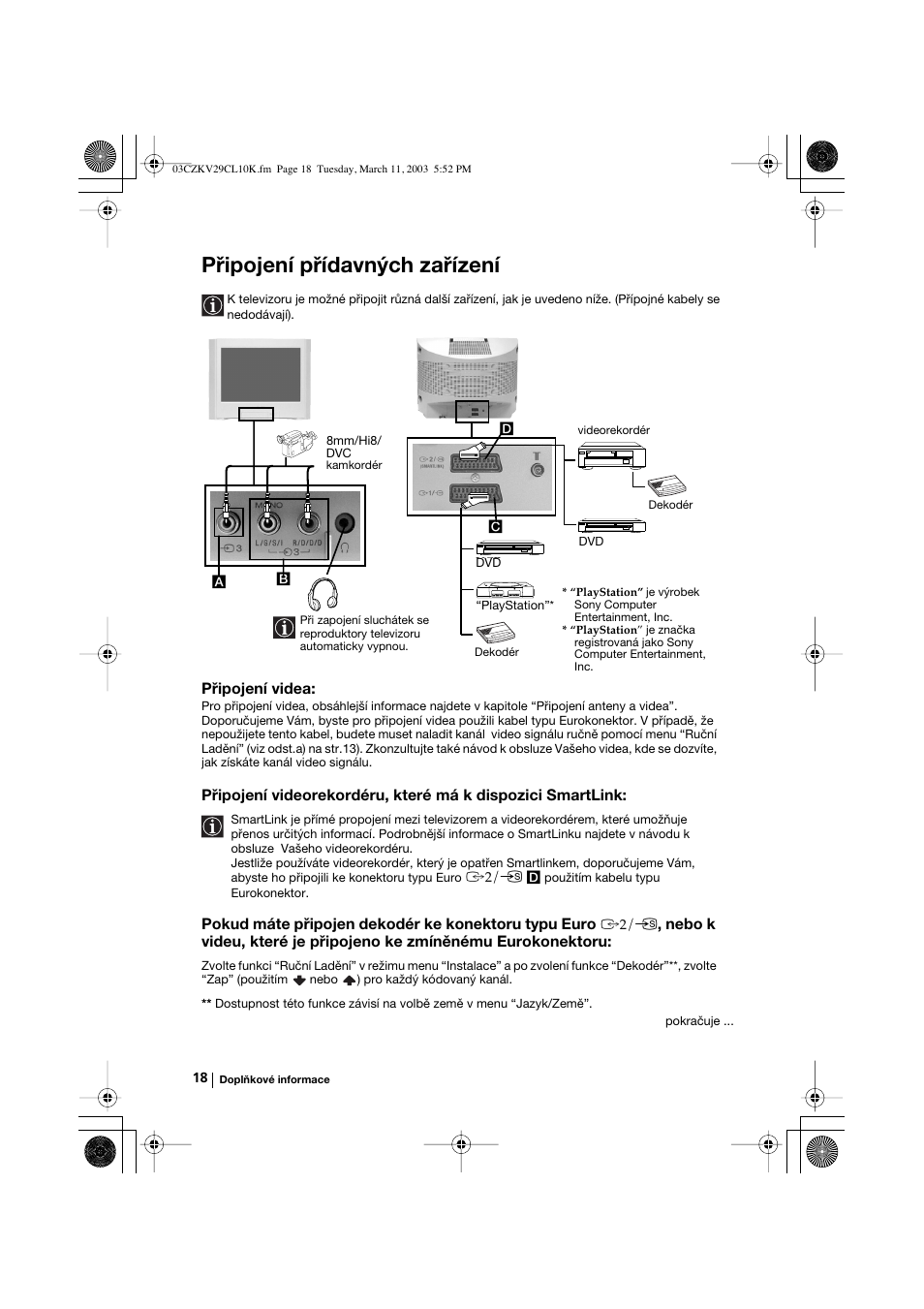 Připojení přídavných zařízení, Připojení videa, Pokud máte připojen dekodér ke konektoru typu euro | Sony KV-29CL10K User Manual | Page 58 / 122