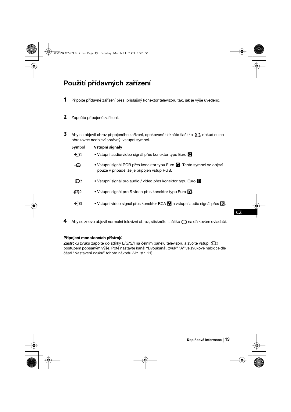 Použití přídavných zařízení | Sony KV-29CL10K User Manual | Page 59 / 122