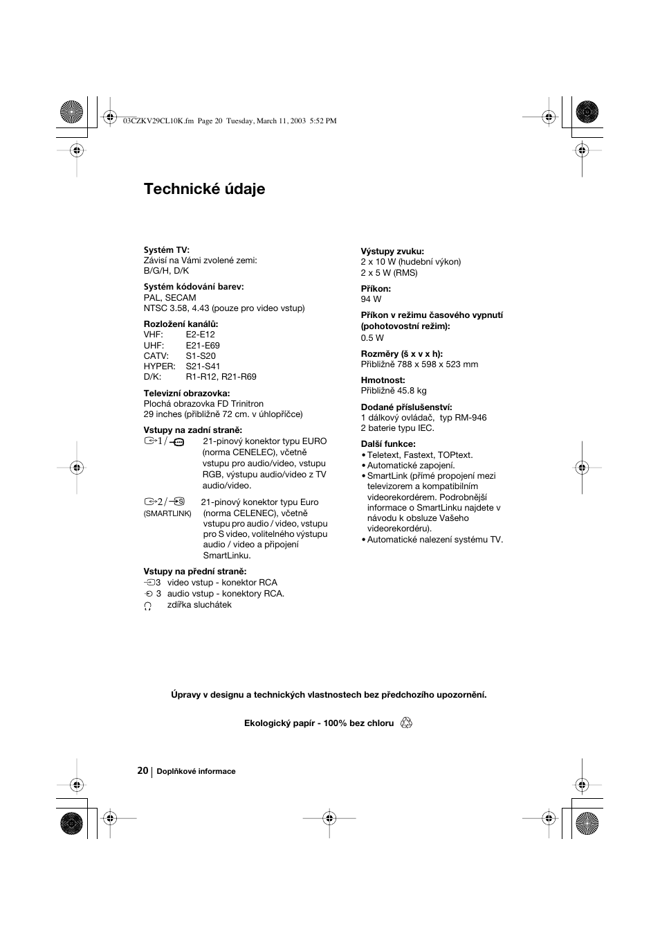 Technické údaje | Sony KV-29CL10K User Manual | Page 60 / 122