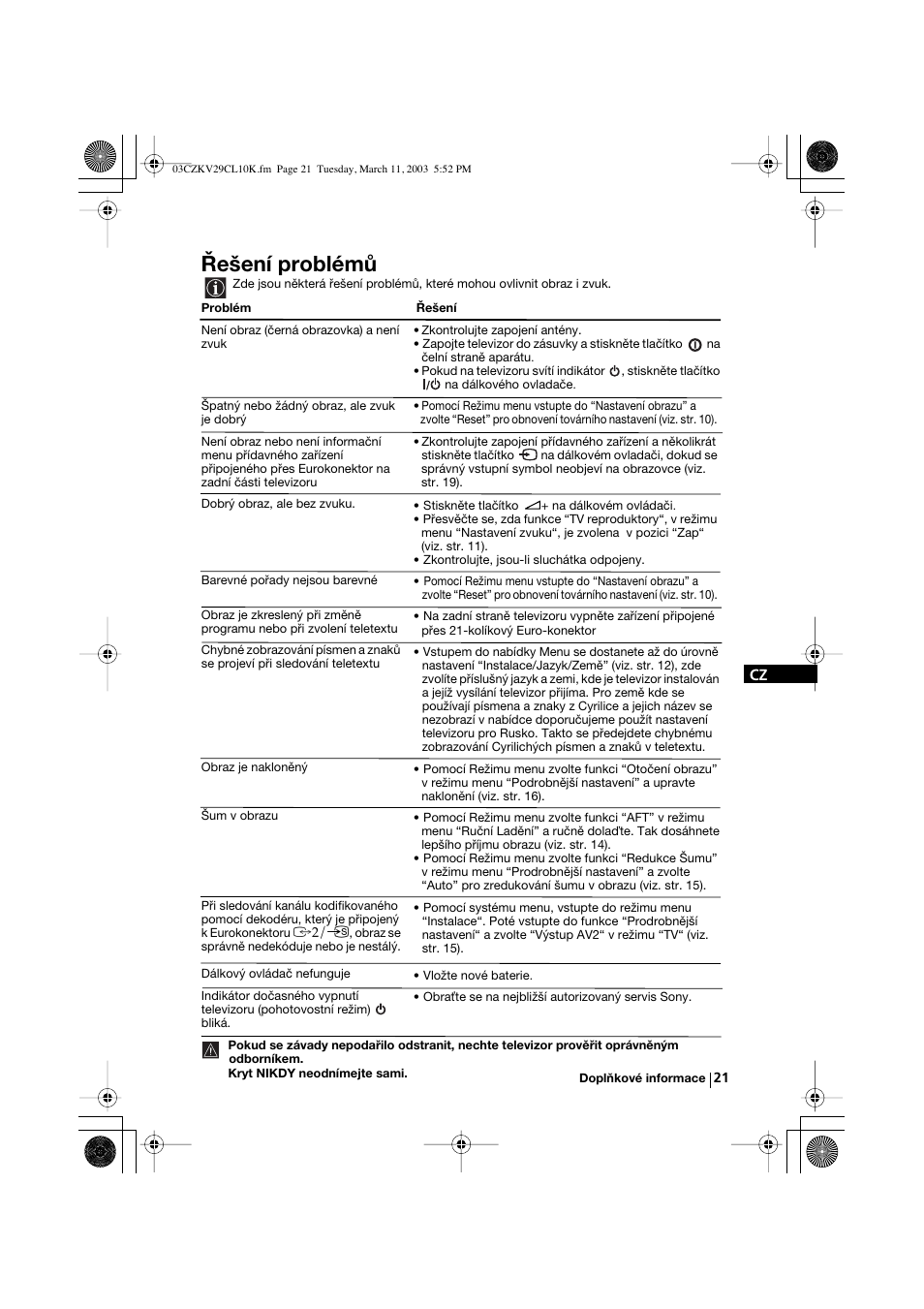 Řešení problémů | Sony KV-29CL10K User Manual | Page 61 / 122