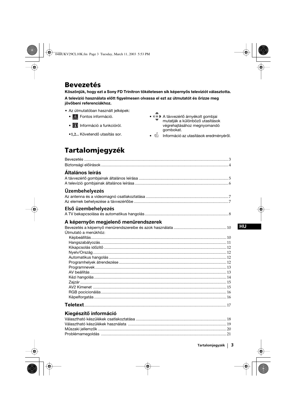 Bevezetés, Tartalomjegyzék | Sony KV-29CL10K User Manual | Page 63 / 122