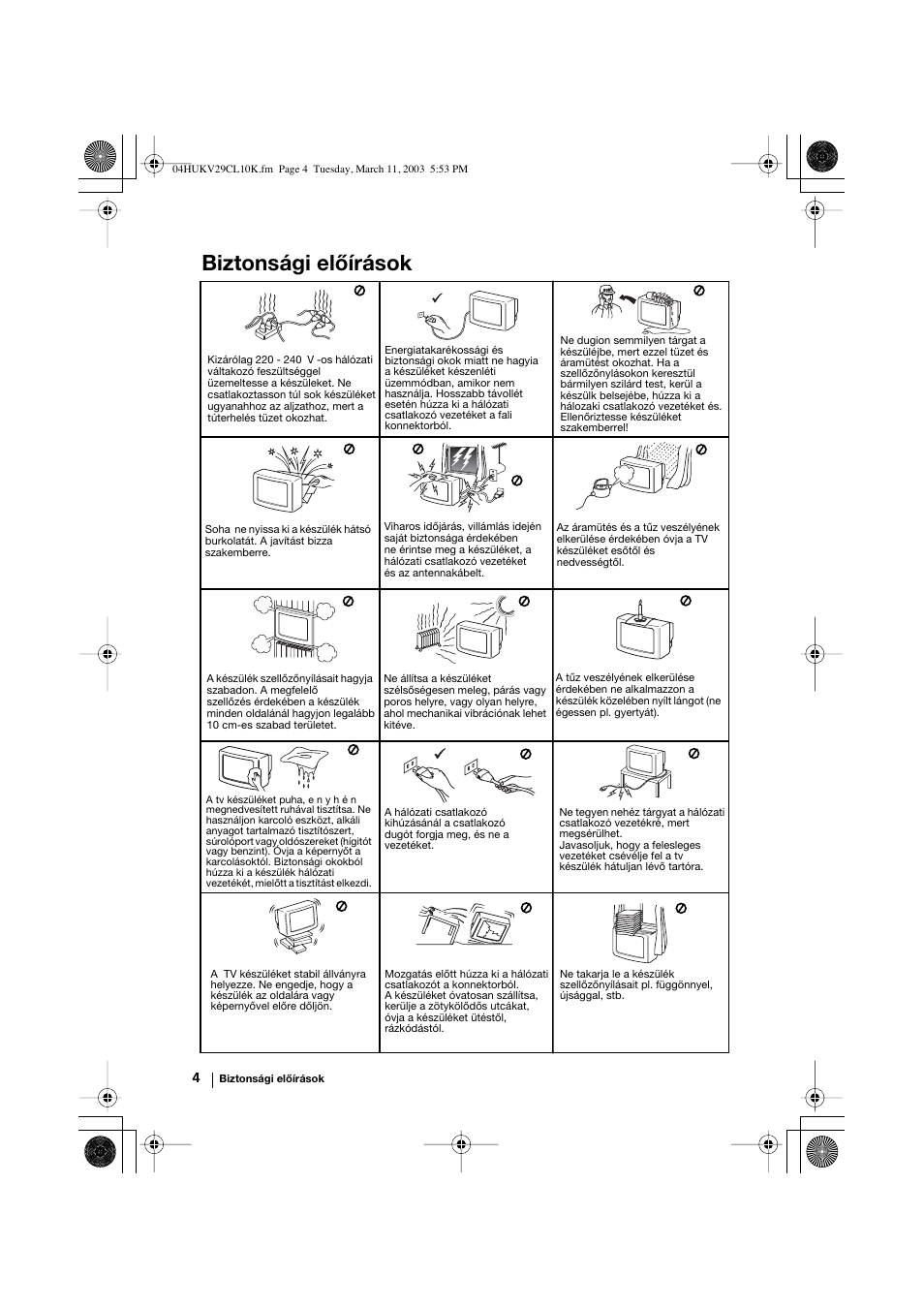 Biztonsági előírások | Sony KV-29CL10K User Manual | Page 64 / 122