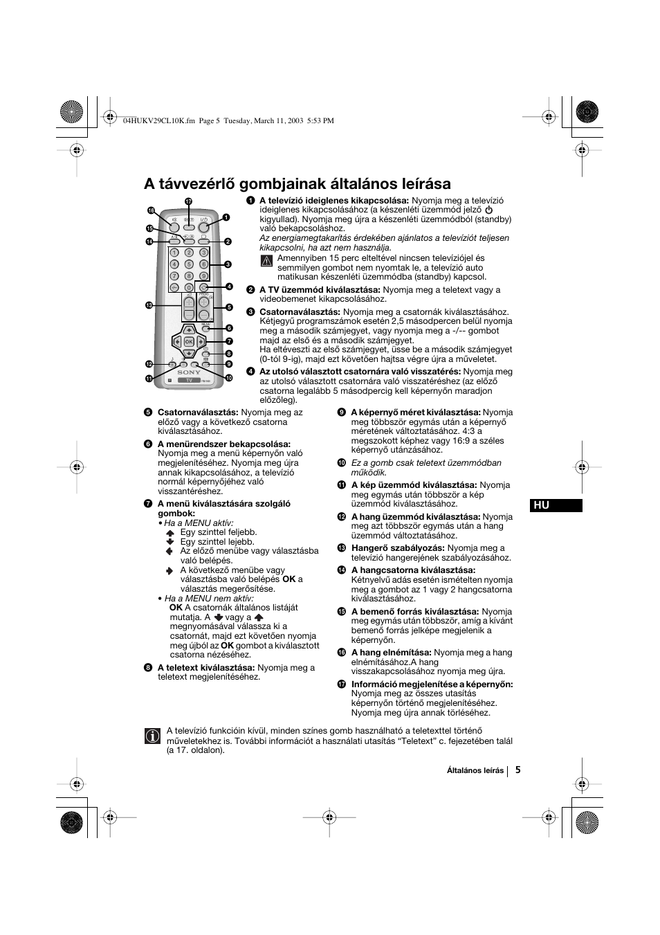 A távvezérlő gombjainak általános leírása | Sony KV-29CL10K User Manual | Page 65 / 122