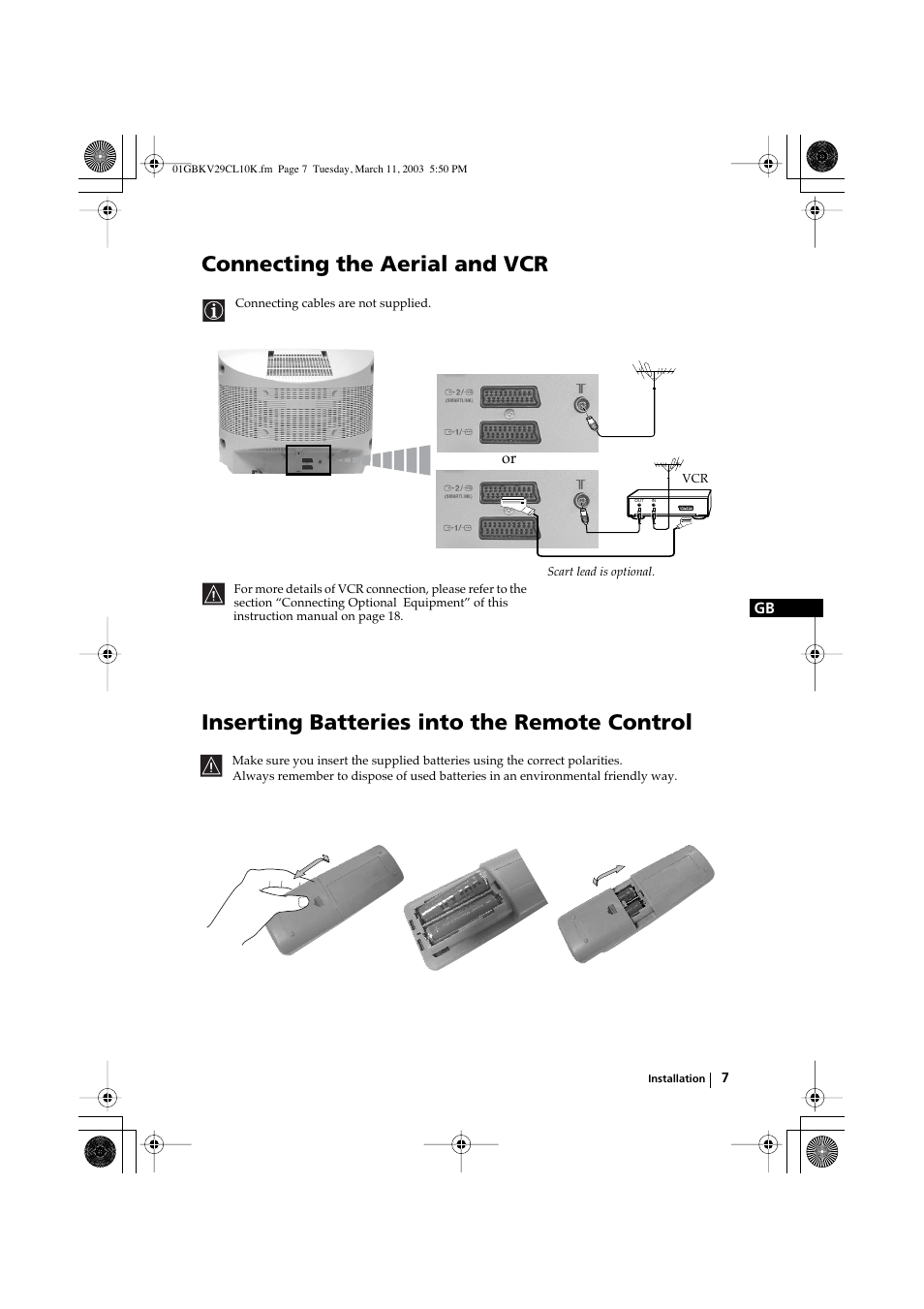 Connecting the aerial and vcr, Inserting batteries into the remote control | Sony KV-29CL10K User Manual | Page 7 / 122