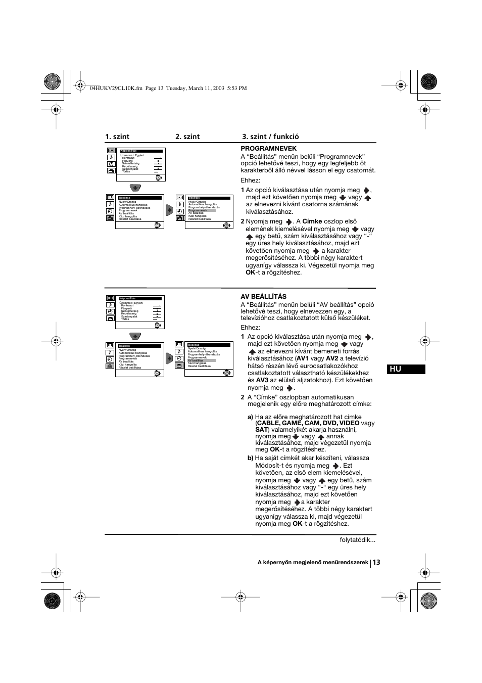 Szint 2. szint 3. szint / funkció | Sony KV-29CL10K User Manual | Page 73 / 122