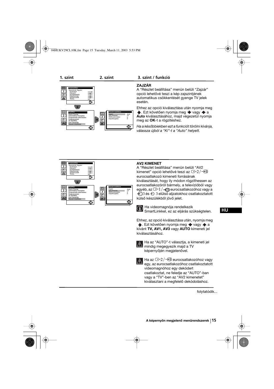 Szint 2. szint 3. szint / funkció | Sony KV-29CL10K User Manual | Page 75 / 122