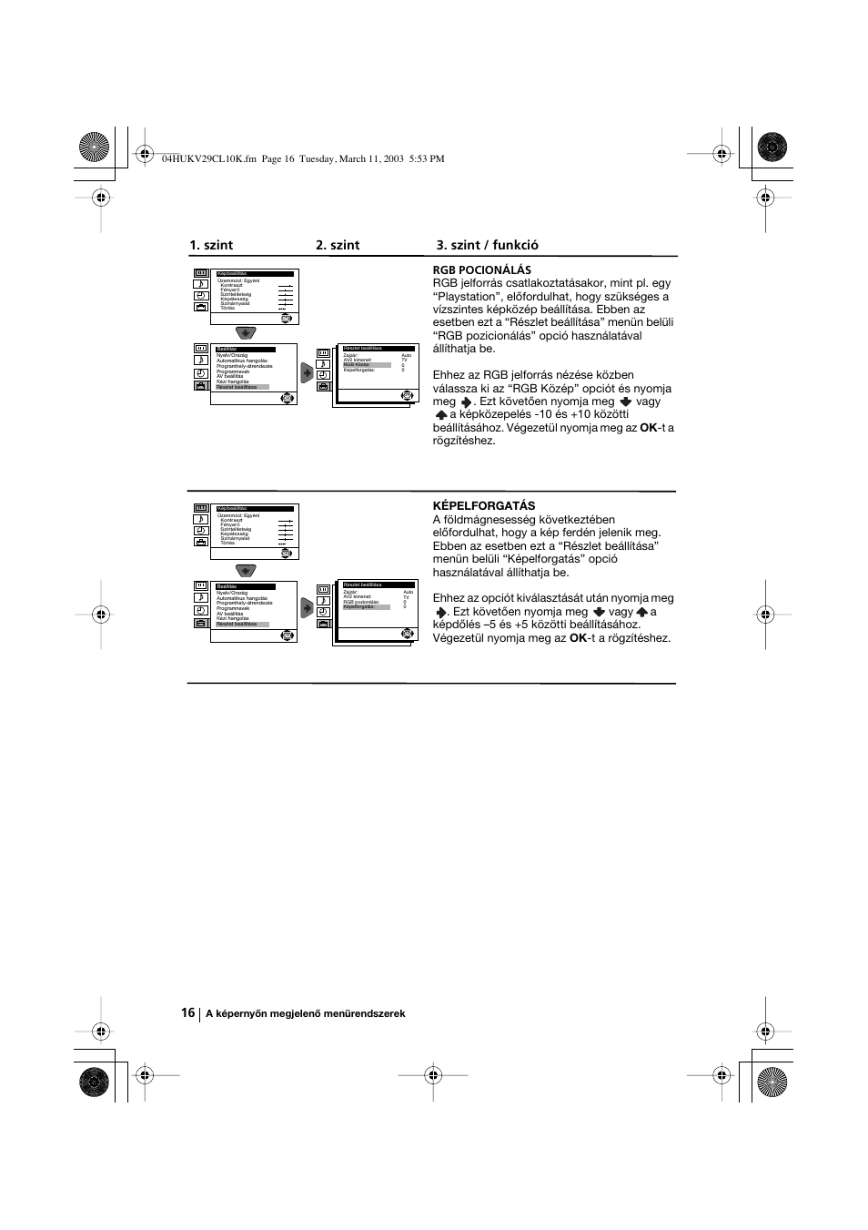 Szint 2. szint 3. szint / funkció | Sony KV-29CL10K User Manual | Page 76 / 122