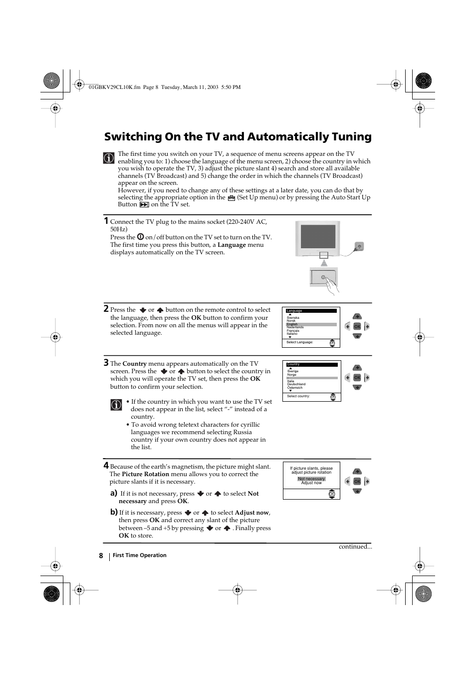 Switching on the tv and automatically tuning | Sony KV-29CL10K User Manual | Page 8 / 122