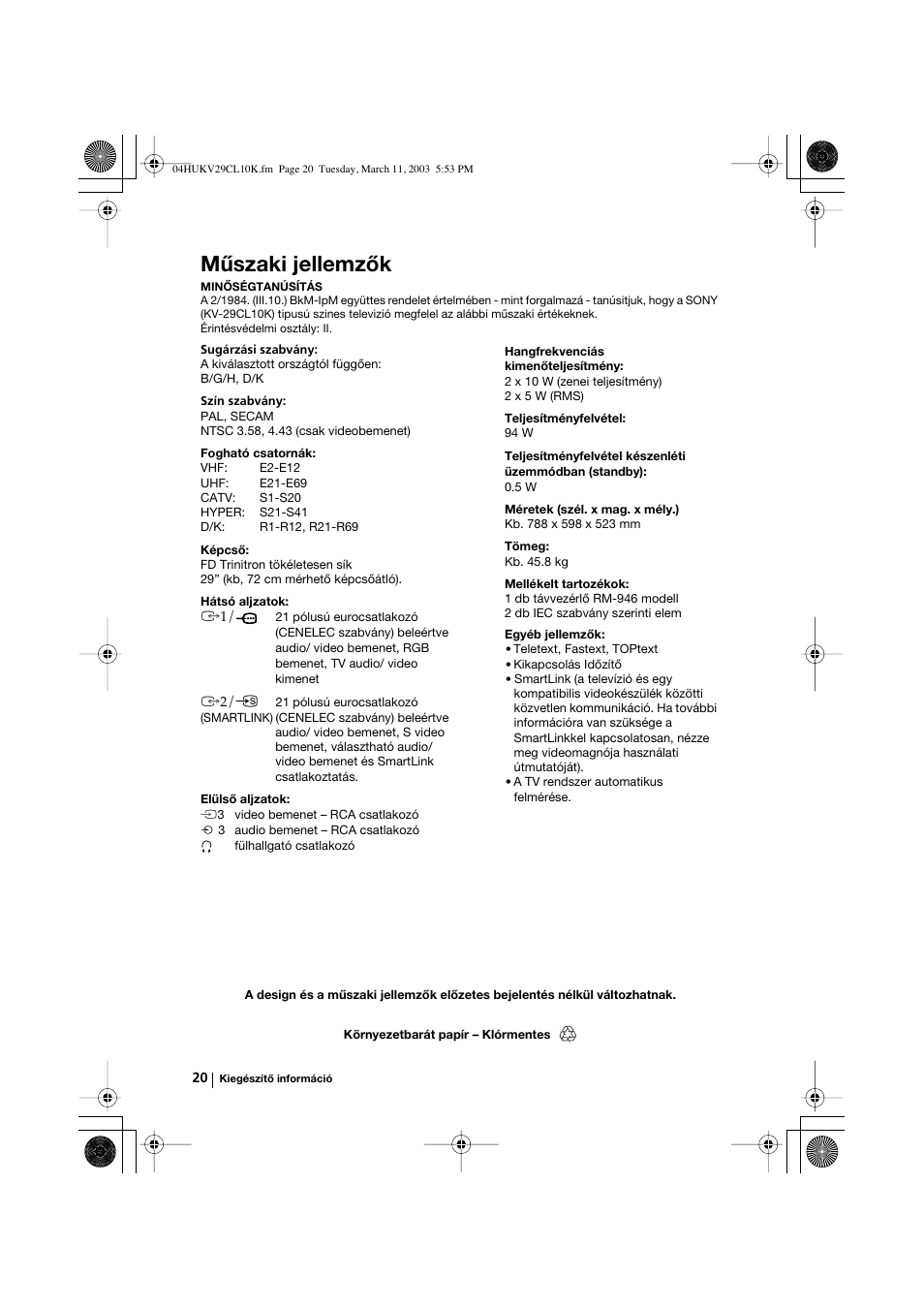 Műszaki jellemzők | Sony KV-29CL10K User Manual | Page 80 / 122