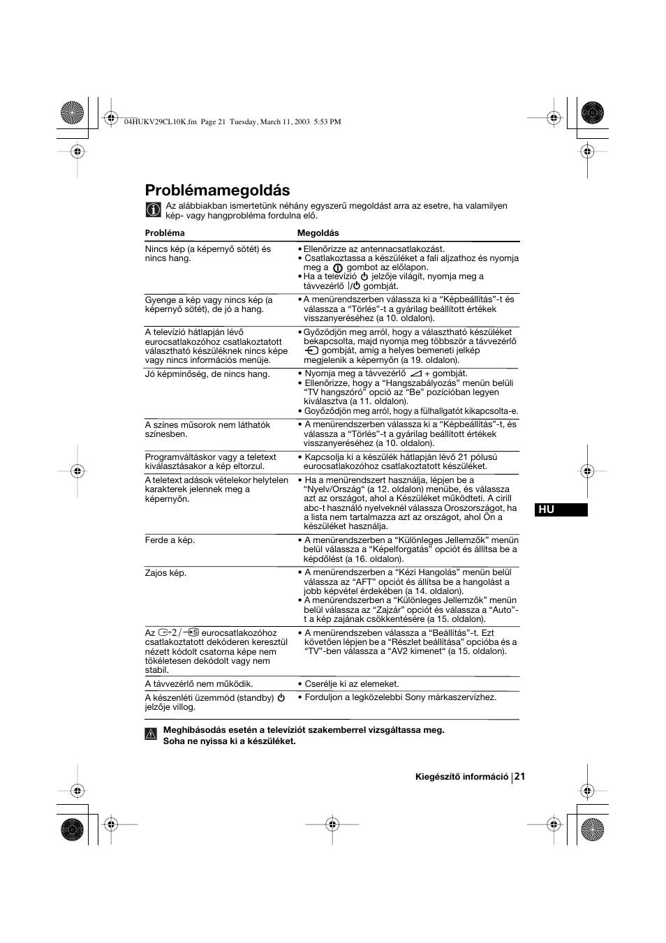 Problémamegoldás | Sony KV-29CL10K User Manual | Page 81 / 122