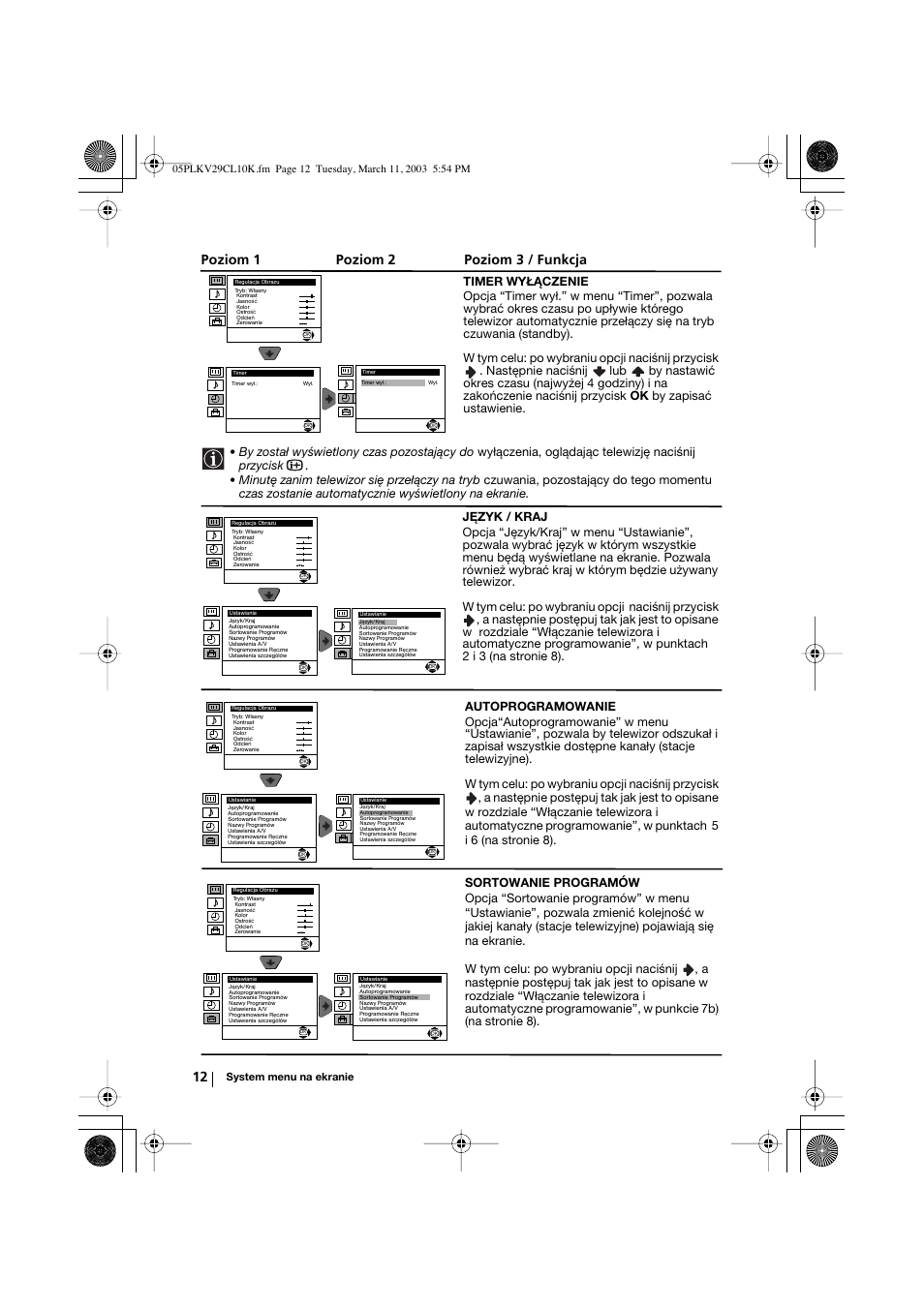 Poziom 1 poziom 2 poziom 3 / funkcja | Sony KV-29CL10K User Manual | Page 92 / 122