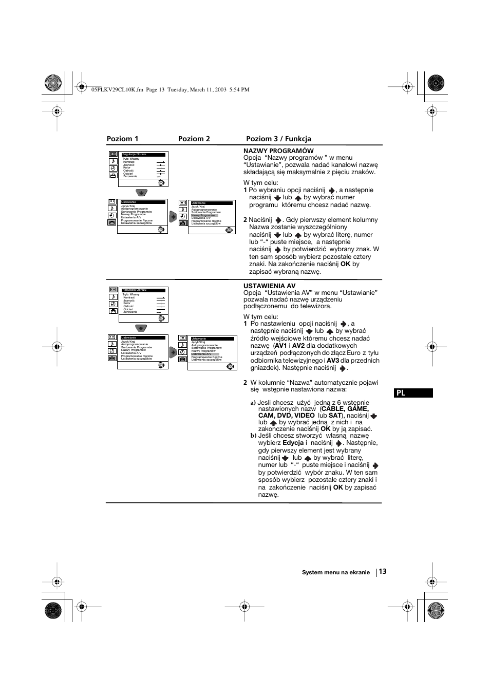 Poziom 1 poziom 2 poziom 3 / funkcja | Sony KV-29CL10K User Manual | Page 93 / 122