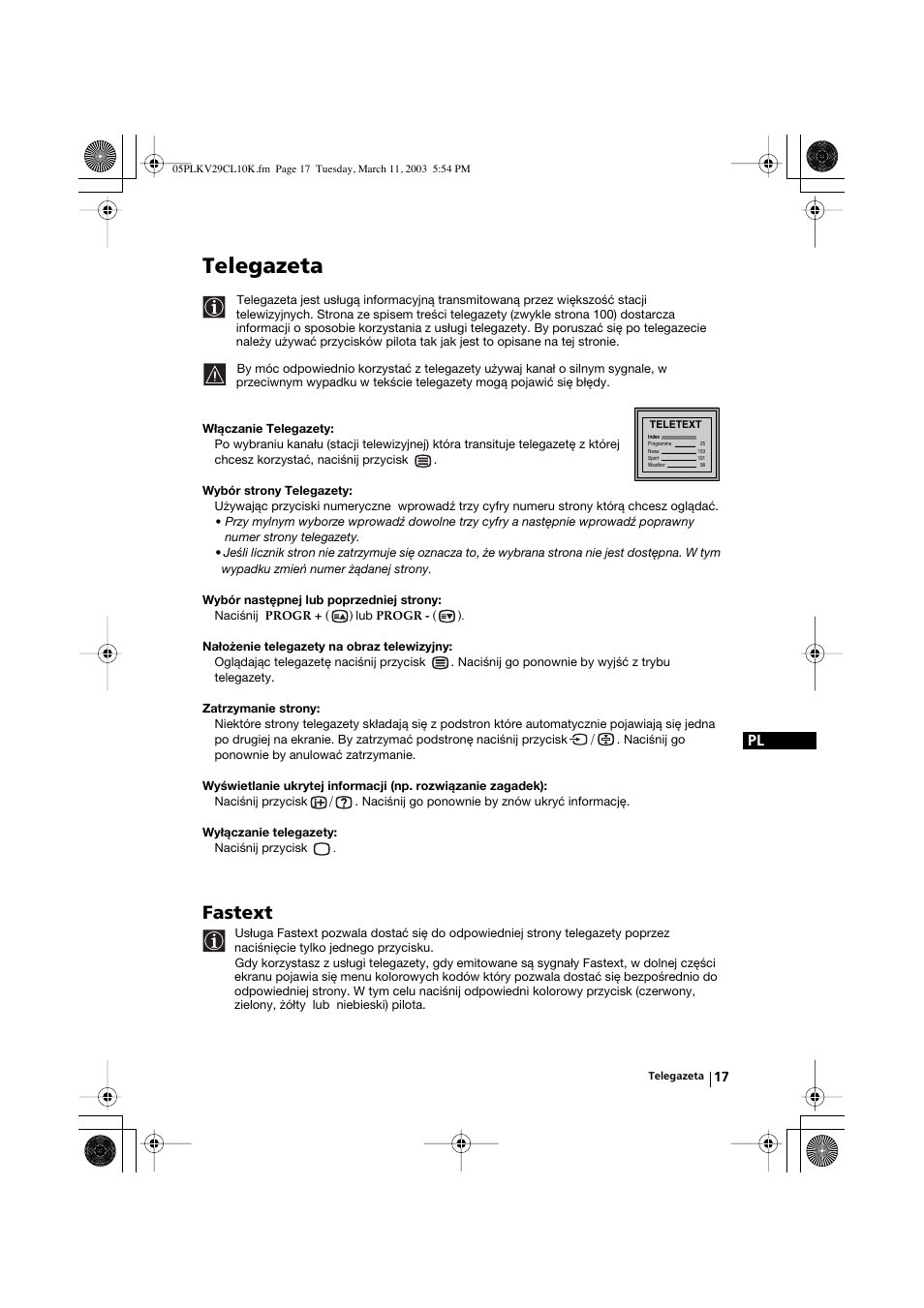 Telegazeta, Fastext | Sony KV-29CL10K User Manual | Page 97 / 122