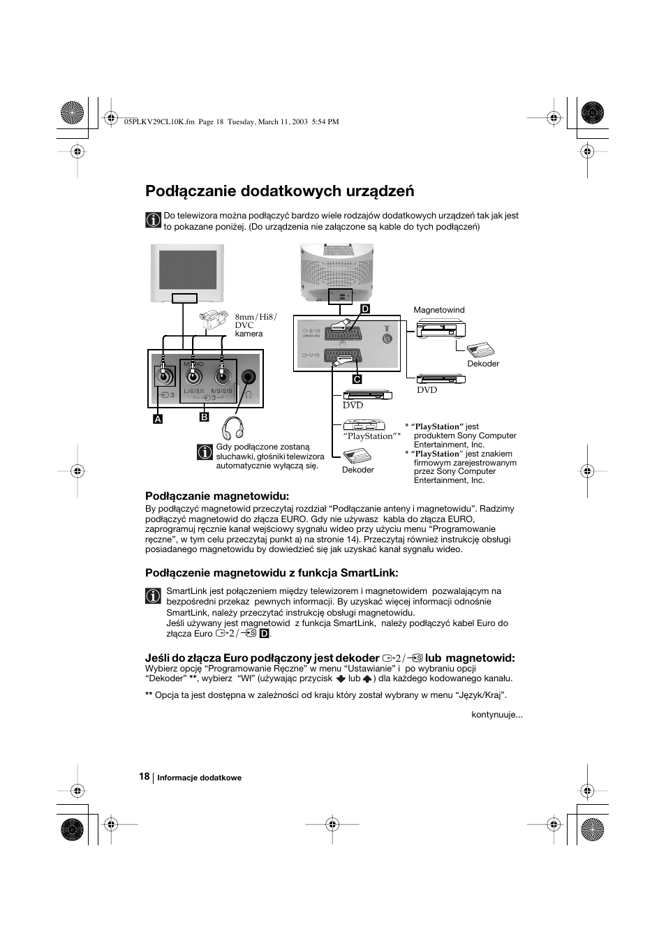 Podłączanie dodatkowych urządzeń, Podłączanie magnetowidu, Podłączenie magnetowidu z funkcja smartlink | Jeśli do złącza euro podłączony jest dekoder, Lub magnetowid | Sony KV-29CL10K User Manual | Page 98 / 122