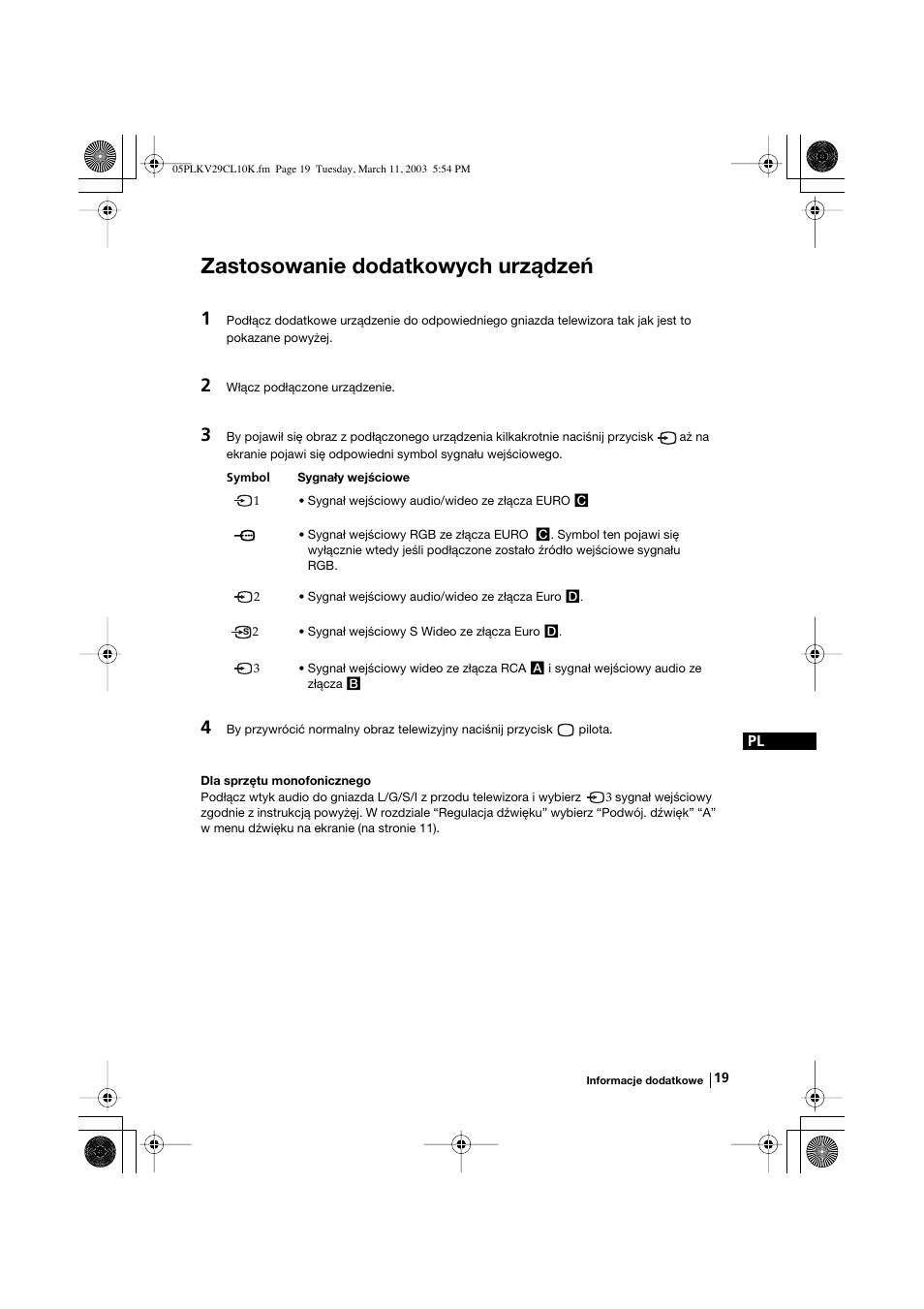 Zastosowanie dodatkowych urządzeń | Sony KV-29CL10K User Manual | Page 99 / 122