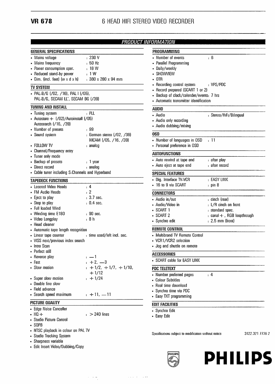 Philips, Vr 678 6 head hifi stereo video recorder | Philips ShowView VR 678 User Manual | Page 2 / 2