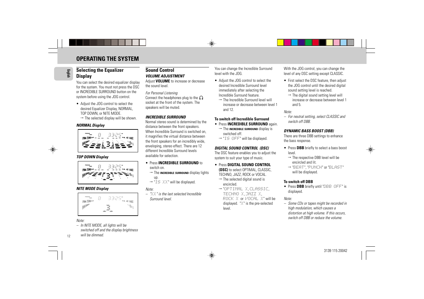 Operating the system, Selecting the equalizer display, Sound control | English, Top down display, Nite mode display | Philips FW-V55 User Manual | Page 12 / 28
