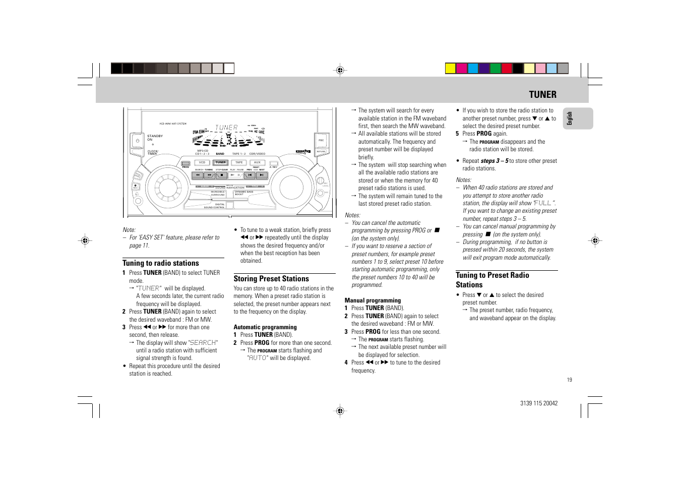 Tuner, Tuning to radio stations, Storing preset stations | Tuning to preset radio stations | Philips FW-V55 User Manual | Page 19 / 28